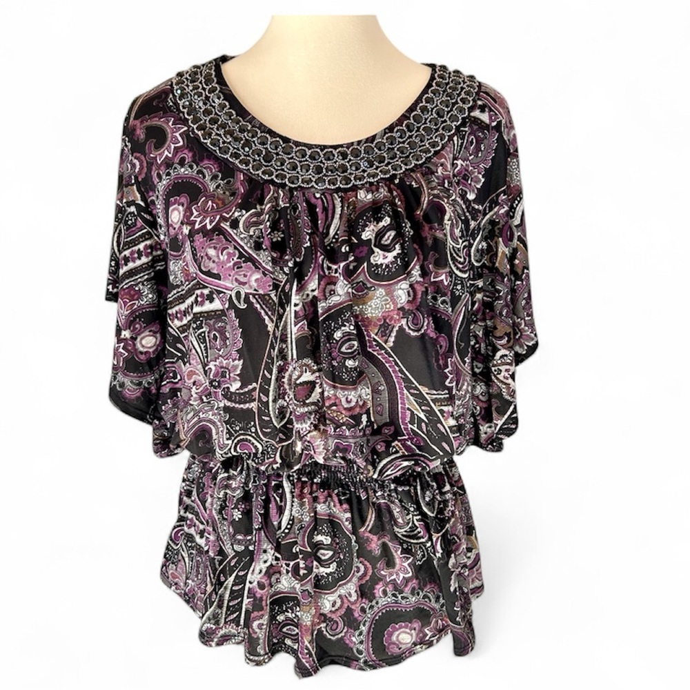 VTG GAP Womens 1X Short Sleeve Top Purple Black Paisley Pattern Dark Romantic